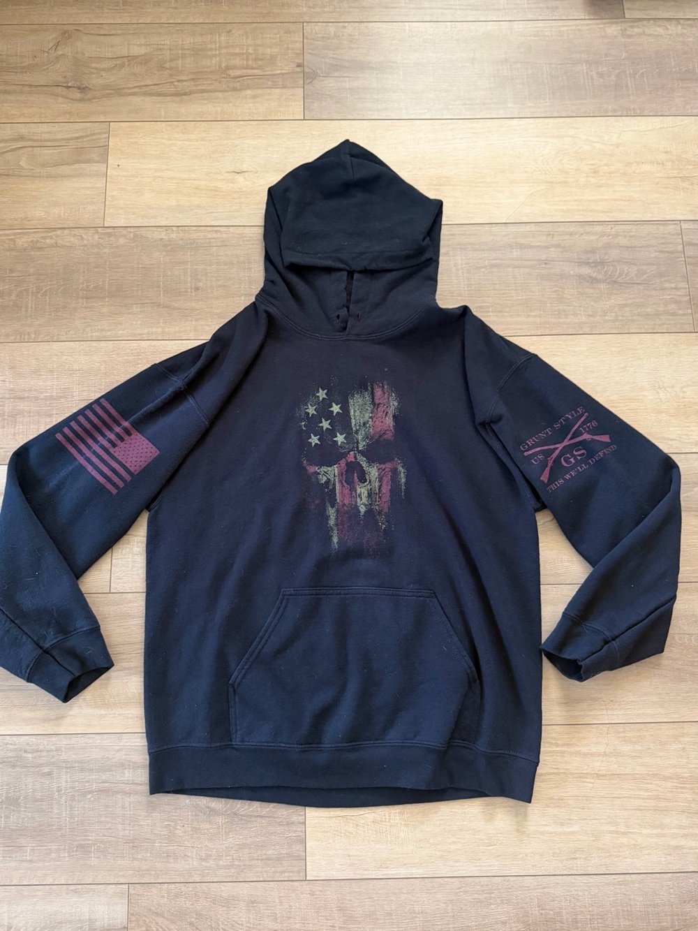 Grunt Style Reaper Black Pullover Hoodie with Distressed Flag Skull Graphic